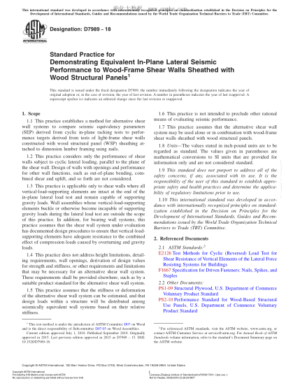 ASTM D7989-2018  Standard Practice for Demonstrating Equivalent In-Plane Lateral Seismic Performance to Wood-Frame Shear Walls Sheathed with Wood Structural Panels