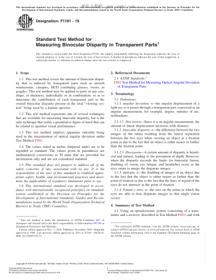ASTM F1181-2019  Standard Test Method for Measuring Binocular Disparity in Transparent Parts