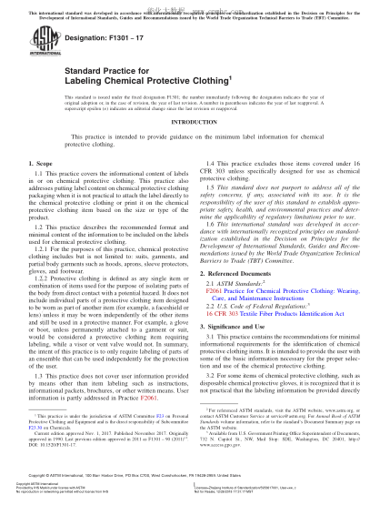 ASTM F1301-2017 化学防护服标签规程 Standard Practice for Labeling Chemical Protective Clothing