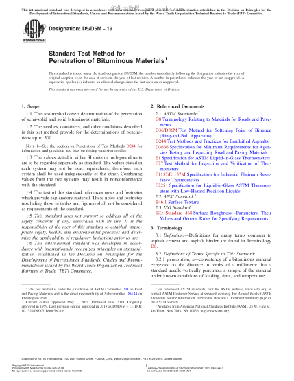 ASTM D5/D5M-2019 沥青材料渗透性测试方法 Standard Test Method for Penetration of Bituminous Materials