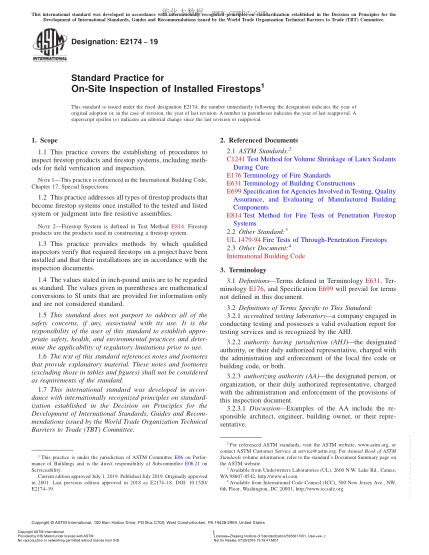 ASTM E2174-2019 已安装挡火物现场检测规程 Standard Practice for On-Site Inspection of Installed Firestops