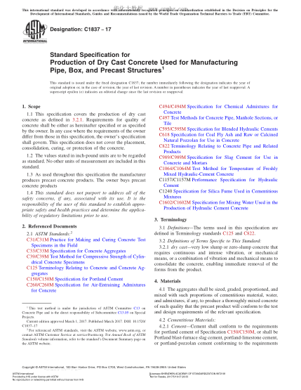 ASTM C1837-2017 管道、箱形件和预制件制造用干浇筑混凝土生产规格 Standard Specification for Production of Dry Cast Concrete Used for Manufacturing Pipe,Box,and Precast Structures