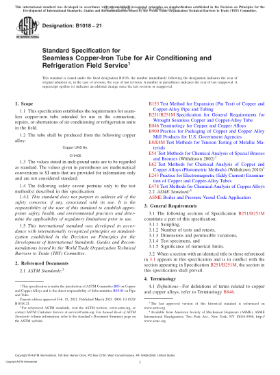 ASTM B1018-2021  Standard Specification for Seamless Copper-Iron Tube for Air Conditioning and Refrigeration Field Service