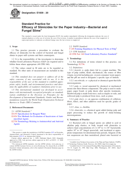 ASTM E1839-2020Standard Practice for Efficacy of Slimicides for the Paper Industry—Bacterial and Fungal Slime