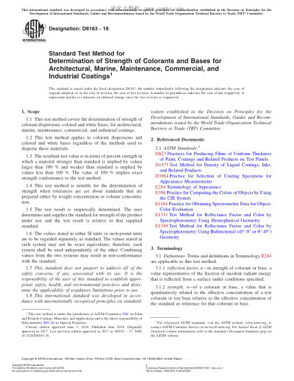 ASTM D8163-2017 建筑、船舶、维修、商业及工业涂料着色剂和主要成分测定方法 Standard Test Method for Determination of Strength of Colorants and Bases for Architectural,Marine,Maintenance,Commercial,and Industrial Coatings