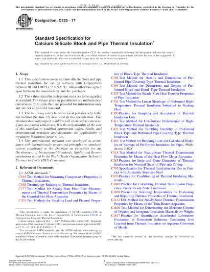 ASTM C533-2017硅酸钙大砖和保温管规格Standard Specification for Calcium Silicate Block and Pipe Thermal Insulation