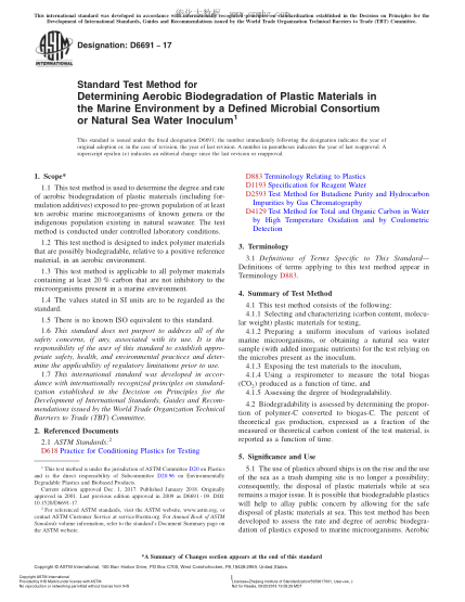 ASTM D6691-2017 由微生物社团协会测定海洋环境下塑料有氧生物降解性的试验方法 Standard Test Method for Determining Aerobic Biodegradation of Plastic Materials in the Marine Environment by a Defined Microbial Consortium or Natural Sea Water Inoculum