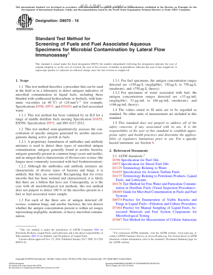 ASTM D8070-2016 用侧流免疫层析法筛选微生物污染燃料及燃料相关水样的方法 Standard Test Method for Screening of Fuels and Fuel Associated Aqueous Specimens for Microbial Contamination by Lateral Flow Immunoassay