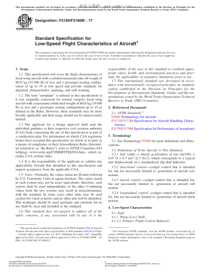 ASTM F3180/F3180M-2017 飞机低速飞行性能规范 Standard Specification for Low-Speed Flight Characteristics of Aircraft