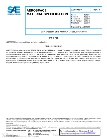 SAE AMS5036J-2020  Steel Sheet And Strip, Aluminum Coated, Low Carbon