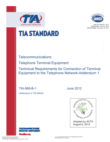 TIA 968-B-1-2012(R2017)  Telecommunications Telephone Terminal Equipment Technical Requirements for Connection of Terminal Equipment to the Telephone Network-Addendum 1 (Addendum to TIA-968-B)