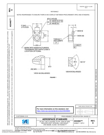 SAE AS3482E-2020  (R) Nut, Self-Locking, Plate, Side By Side, Reduced Rivet Spacing, Low Height, Uns S66286, Class: 125 Ksi/800 ？？F
