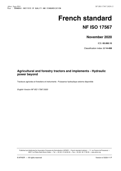 NF U14-408-2020  Agricultural and forestry tractors and implements - Hydraulic power beyond