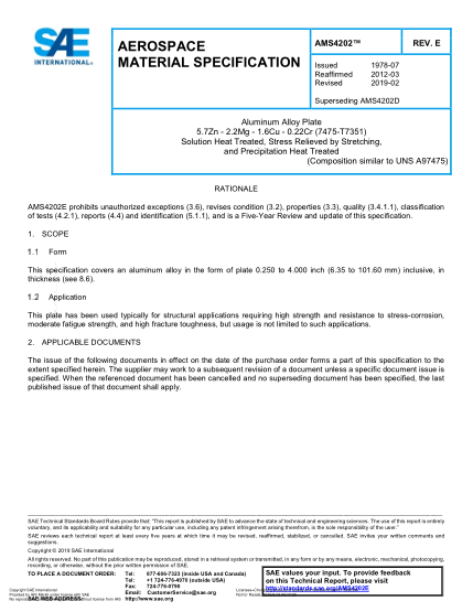 SAE AMS4202E-2019  Aluminum Alloy Plate 5.7Zn - 2.2Mg - 1.6Cu - 0.22Cr (7475-T7351) Solution Heat Treated, Stress Relieved By Stretching, And Precipitation Heat Treated (Uns A97475)