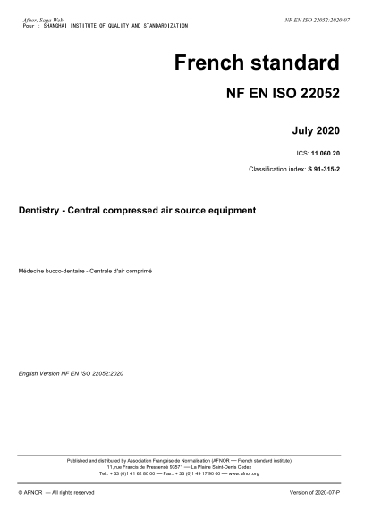 NF S91-315-2-2020  Dentistry - Central compressed air source equipment