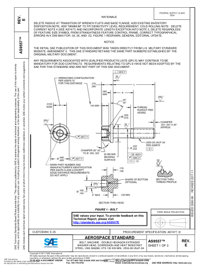 SAE AS9557E-2017  Bolt,Machine - Double Hexagon Extended Washer Head,Corrosion And Heat Resistant Steel,Uns S66286,Uts 130 Ksi Min,.2500-28 Unjf-3A