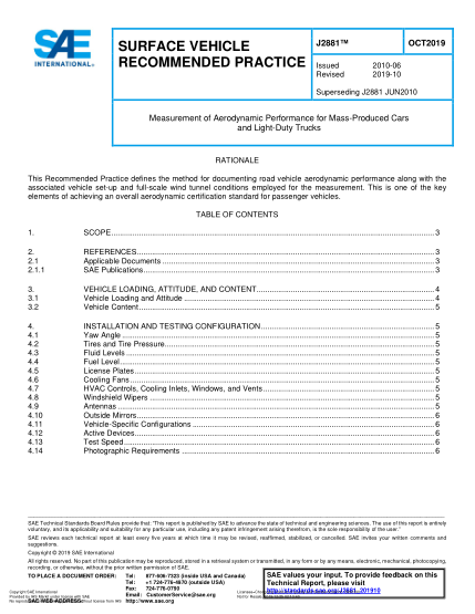 SAE J2881-2019  Measurement Of Aerodynamic Performance For Mass-Produced Cars And Light-Duty Trucks