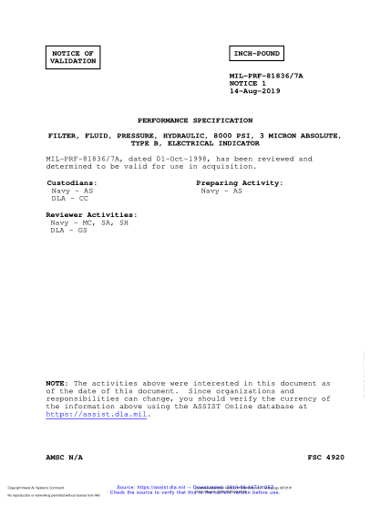 NAVY MIL-PRF-81836/7A VALID NOTICE 1-2019  Filter, Fluid, Pressure, Hydraulic, 8000 Psi, 3 Micron Absolute, Type B, Electrical Indicator