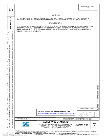 SAE AS81969/21A-2020  Installing And Removal Tools, Connector, Electrical Contacts, Interfacial Seal, Type Iii, Class 1, Composition A