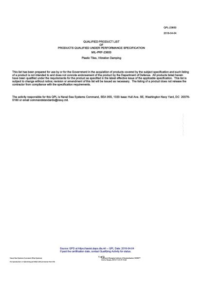 NAVY QPL-23653-2016  Plastic Tiles,Vibration Damping