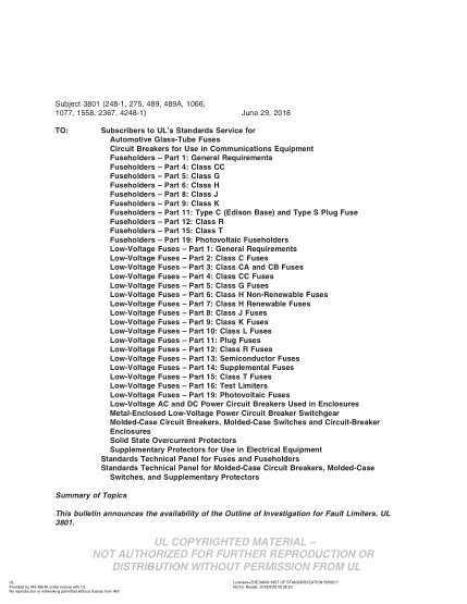 UL 489A BULLETIN-2018  UL Standard For Safety Circuit Breakers For Use In Commmunications Equipment
