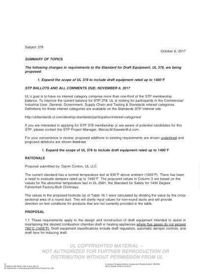 UL 378 BULLETIN-2017  Ul Standard For Safety Draft Equipment (Comments Due: November 6,2017)
