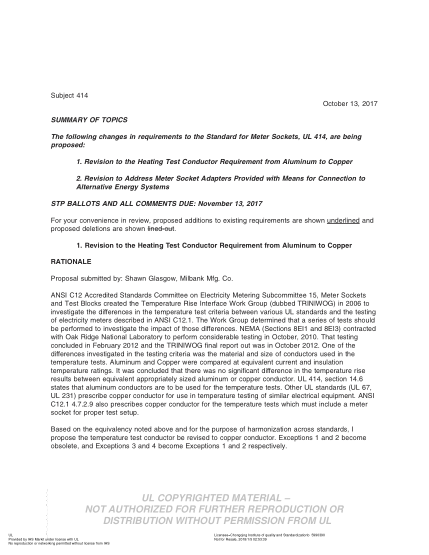 UL 414 BULLETIN/2-2017  Ul Standard For Safety Meter Sockets (Comments Due: November 13,2017)