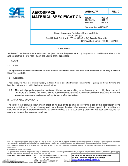 SAE AMS5902D-2020  Steel, Corrosion-Resistant, Sheet And Strip 18Cr - 8Ni (301) Cold Rolled, 3/4 Hard, 175 Ksi (1207 Mpa) Tensile Strength (Uns S30100)