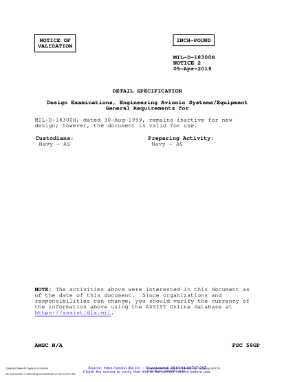 NAVY MIL-D-18300H VALID NOTICE 2-2019  Design Examinations, Engineering Avionic Systems/Equipment General Requirements For
