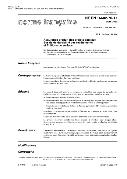NF EN 16602-70-17-2020  Space product assurance - Durability testing of coatings and surface finishes