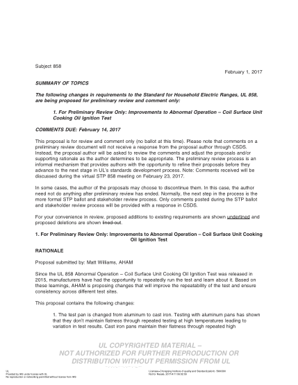 UL 858 BULLETIN/2-2017  UL Standard for Safety Household Electric Ranges (COMMENTS DUE: February 14, 2017)
