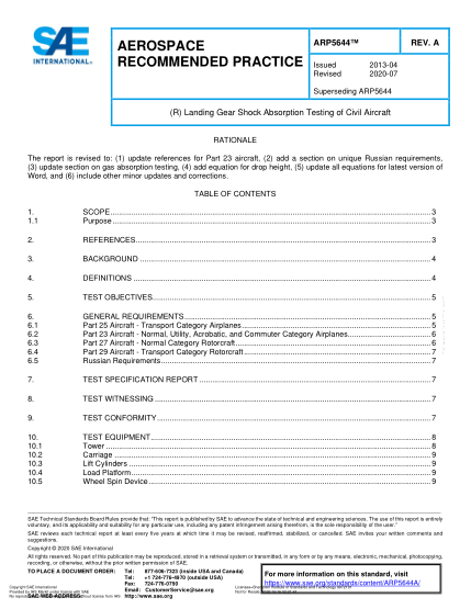 SAE ARP5644A-2020  (R) Landing Gear Shock Absorption Testing Of Civil Aircraft