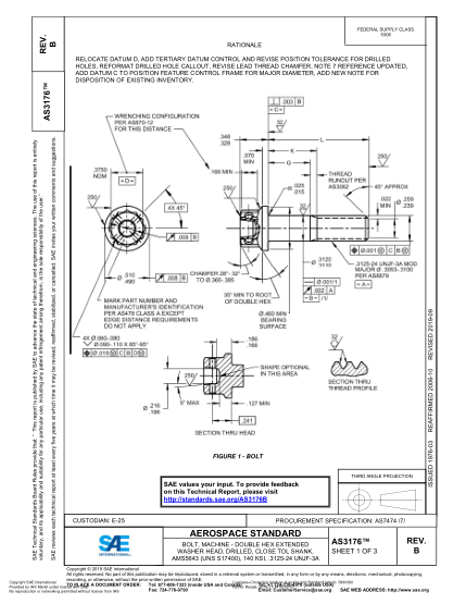 SAE AS3176B-2019  Bolt, Machine - Double Hex Extended Washer Head, Drilled, Close Tol Shank, Ams5643 (Uns S17400), 140 Ksi, .3125-24 Unjf-3A