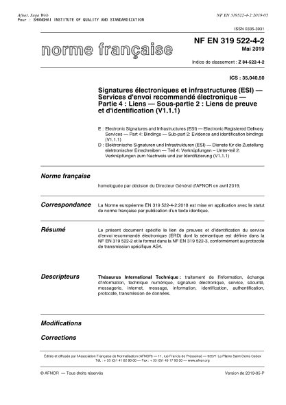 NF Z84-522-4-2-2019  Electronic Signatures and Infrastructures (ESI) - Electronic Registered Delivery Services - Part 4 : bindings - Sub-part 2 : evidence and identification bindings (V1.1.1)