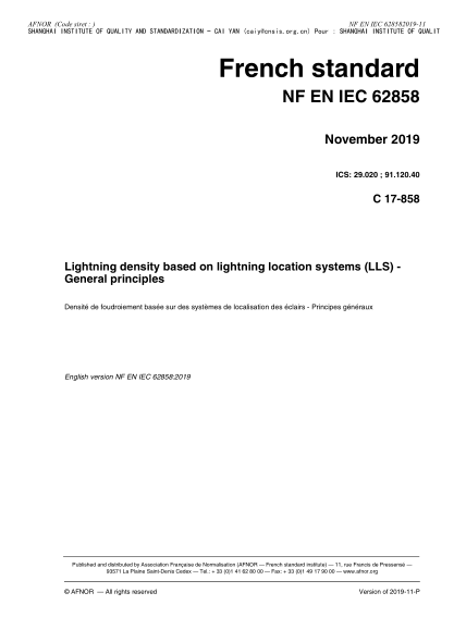 NF C17-858-2019  Lightning density based on lightning location systems (LLS) - General principles