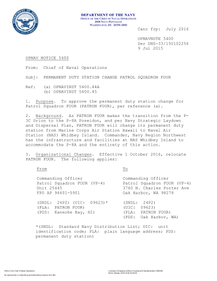 NIDS OPNAV NOTE 5400 15U102256-2015  (Ser Dns-33/15U102256) Permanent Duty Station Change Patrol Squadron Four