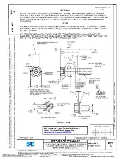 SAE AS9158A-2019 (R) Bolt-Machine, Double Hexagon, Extended Washer Head, Pd Shank, Steel (Sae 8740), Black Oxide, .2500-28 Unf-3A