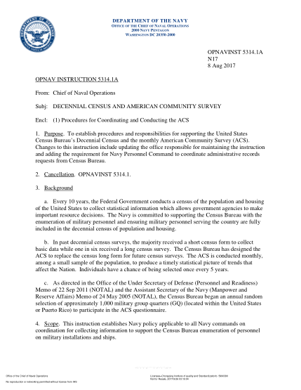 NIDS OPNAV 5314.1A-2017  (N17) Decennial Census And American Community Survey