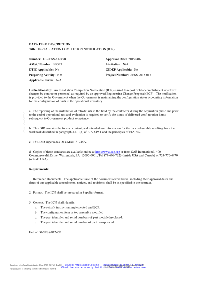 NAVY DI-SESS-81245B-2015  Installation Completion Notification (Icn)