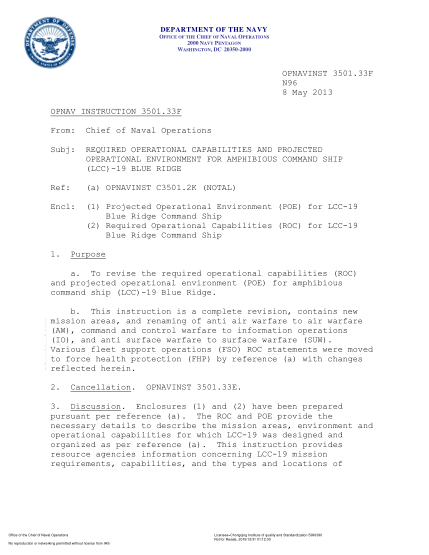 NIDS OPNAV 3501.33F-2013  (N96) Required Operational Capabilities And Projected Operational Environment For Amphibious Command Ship (Lcc)-19 Blue Ridge