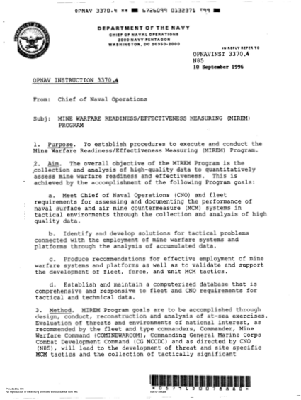 NIDS OPNAV 3370.4-1996 (N85) MINE WARFARE READINESS/ EFFECTIVENESS MEASURING (MIREM) PROGRAM