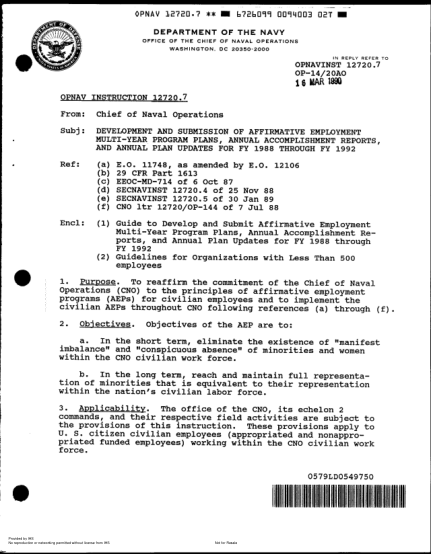 NIDS OPNAV 12720.7-1990  (OP-14/2OAO) DEVELOPMENT AND SUBMISSION OF AFFIRMATIVE EMPLOYMENT MULTI-YEAR PROGRAM PLANS, ANNUAL ACCOMPLISHMENT REPORTS, AND ANNUAL PLAN UPDATES FOR FY 1988 THROUGH FY 1992