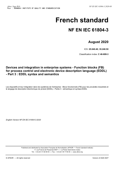 NF C46-608-3-2020  Devices and integration in enterprise systems - Function blocks (FB) for process control and electronic device description language (EDDL) - Part 3 : EDDL syntax and semantics