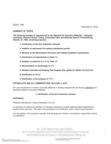UL 746E BULLETIN/3-2018  UL Standard For Safety Polymeric Materials – Industrial Laminates, Filament Wound Tubing, Vulcanized Fibre, And Materials Used In Printed-Wiring Boards (Comments Due: November 5, 2018)