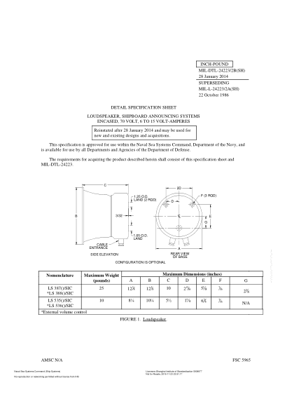 NAVY MIL-DTL-24223/2B-2014  Loudspeaker,Shipboard Announcing Systems Encased,70 Volt,6 To 15 Volt-Amperes