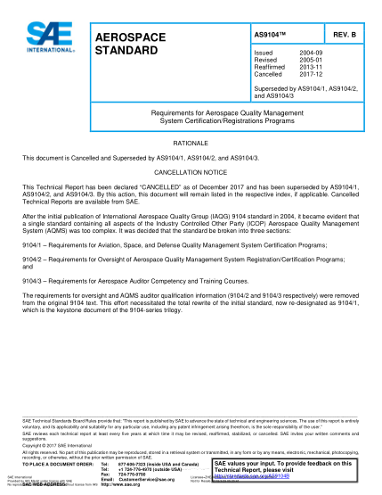 SAE AS9104B-2017 Requirements For Aerospace Quality Management System Certification/Registrations Programs