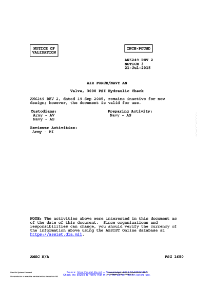 NAVY AN6249 REV 2 VALID NOTICE 3-2015  Valve,3000 Psi Hydraulic Check