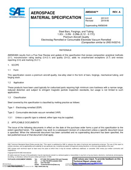 SAE AMS6548A-2018  Steel Bars, Forgings, And Tubing 1.0Cr - 3.2Ni - 0.2Mo (0.12 - 0.17C) Premium Aircraft-Quality Electroslag Remelted Or Consumable Electrode Vacuum Remelted (Uns K43214)