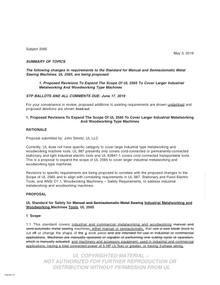 UL 2565 BULLETIN/2-2019  UL Standard For Safety Manual And Semiautomatic Metal Sawing Machines (Comments Due: June 17, 2019)