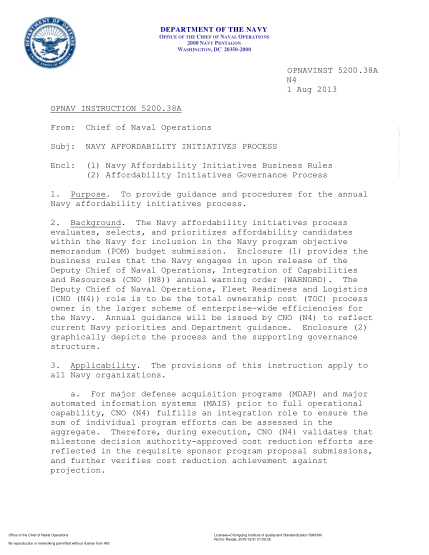 NIDS OPNAV 5200.38A-2013  (N4) Navy Affordability Initiatives Process
